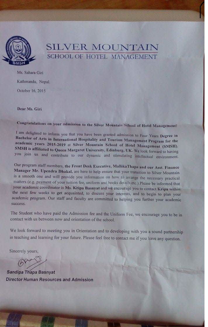 Sahara's letter of Admission to SMSH